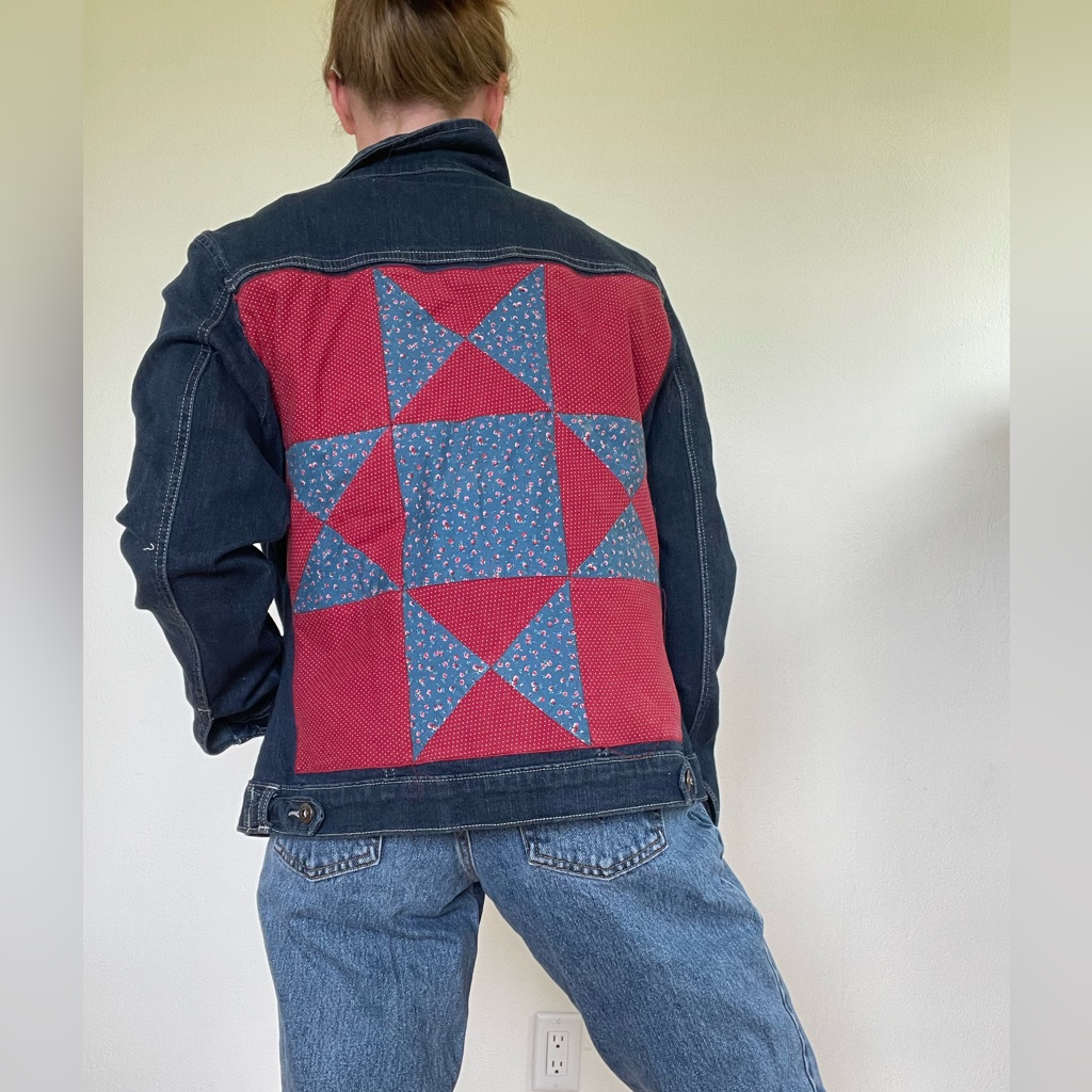 Vintage Patchwork Denim Jacket - Red & Blue